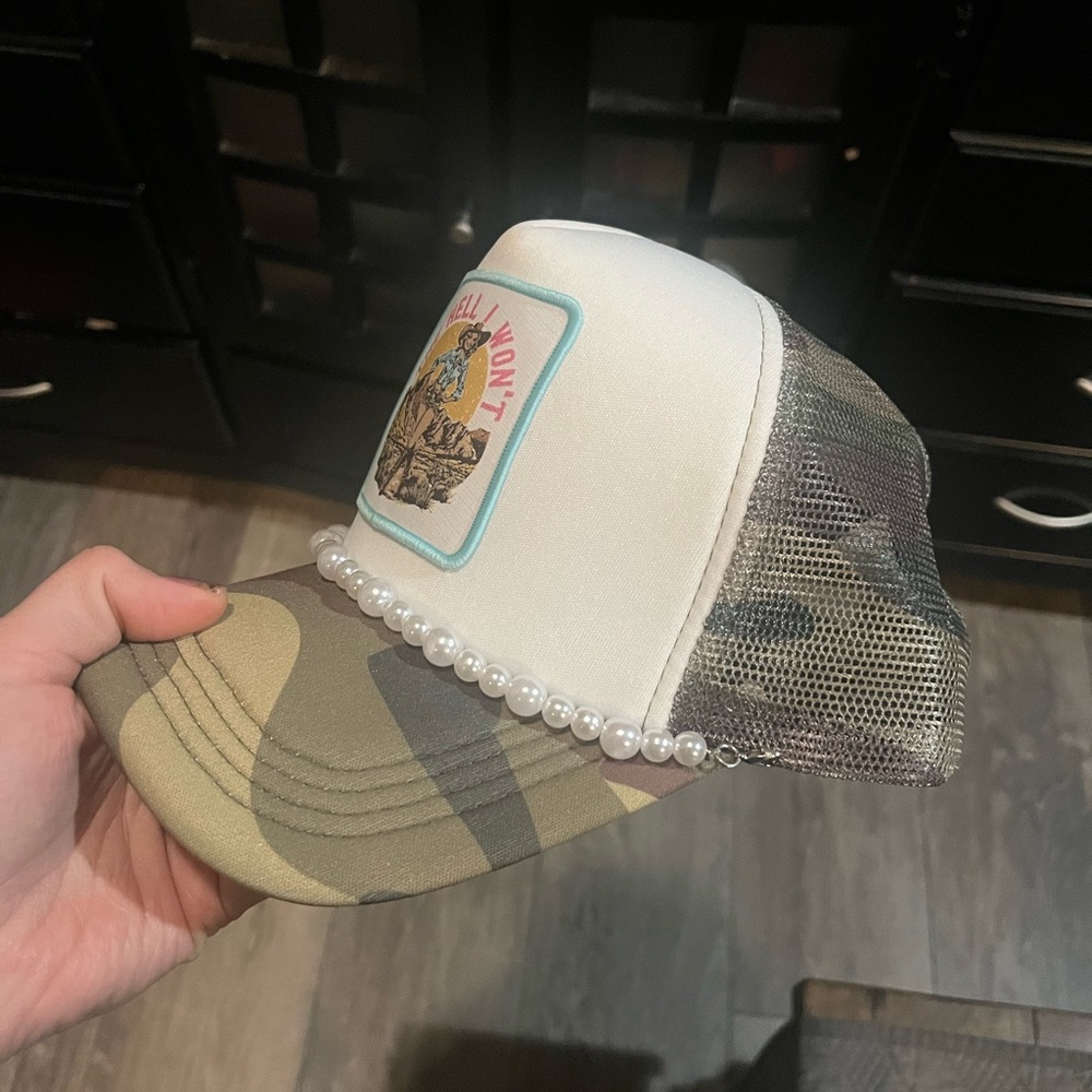 Camo Trucker Hat - “The Hell I Won't”Patch & Pearl Chain - Picture 3 of 6